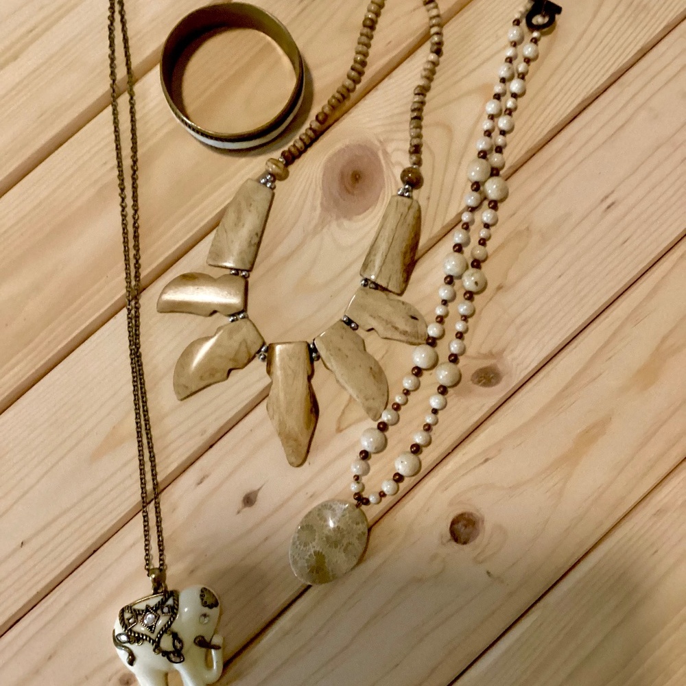 Asian inspired boho jewelry set.  3 necklaces and one bracelet.